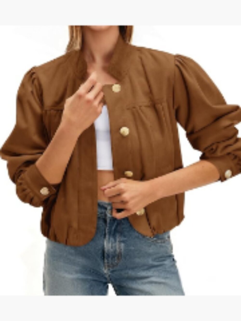 Faux Suede Bomber Jacket Cropped Stand Collar Button Down